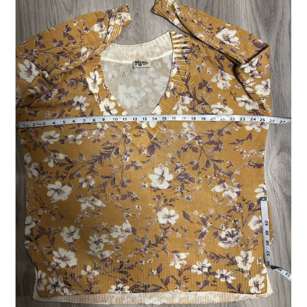 MUMU Floral Knit Sweater Mustard Yellow Long Sleeve‎ V Neck Women's Small - Picture 3 of 5